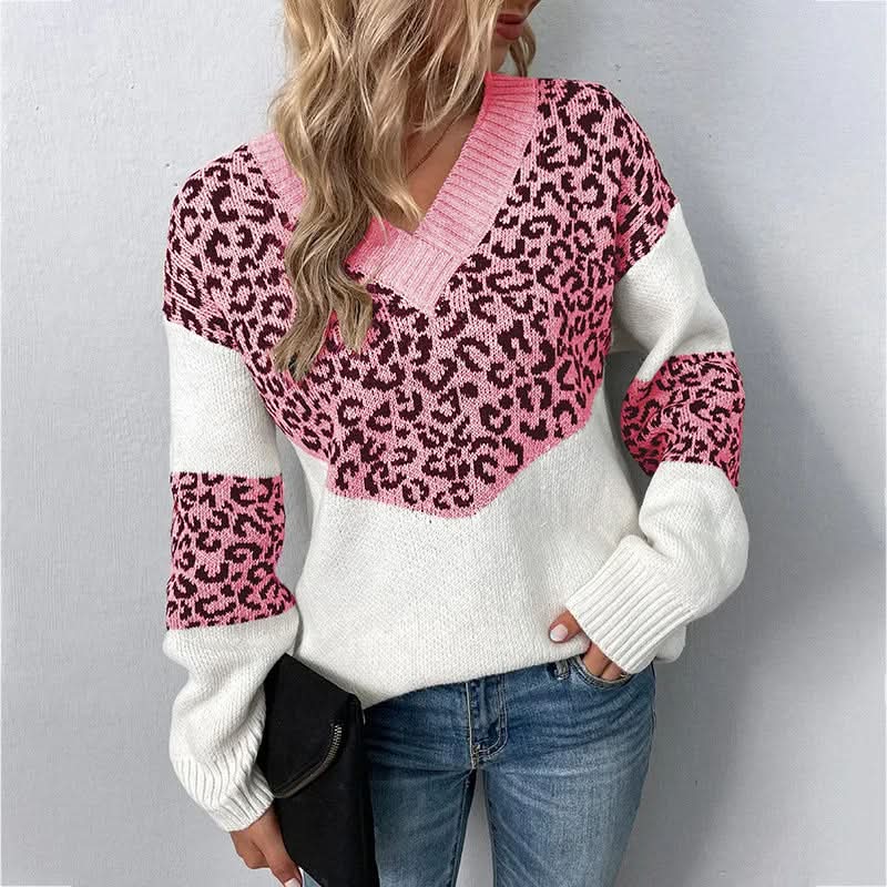 Strickpullover mit Leopardenmuster und V-Ausschnitt