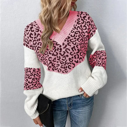 Strickpullover mit Leopardenmuster und V-Ausschnitt
