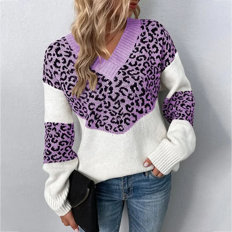 Strickpullover mit Leopardenmuster und V-Ausschnitt