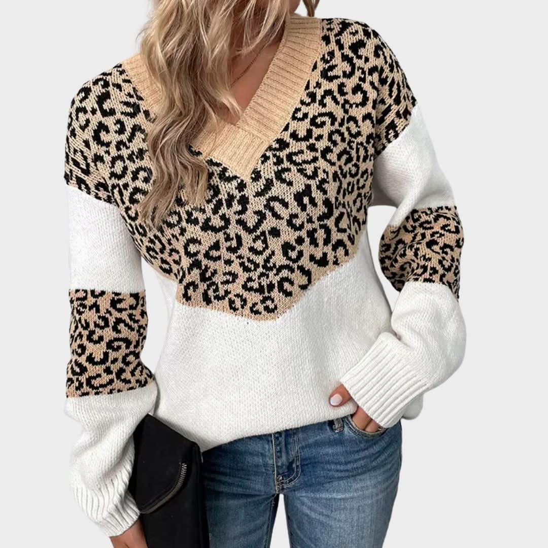 Strickpullover mit Leopardenmuster und V-Ausschnitt