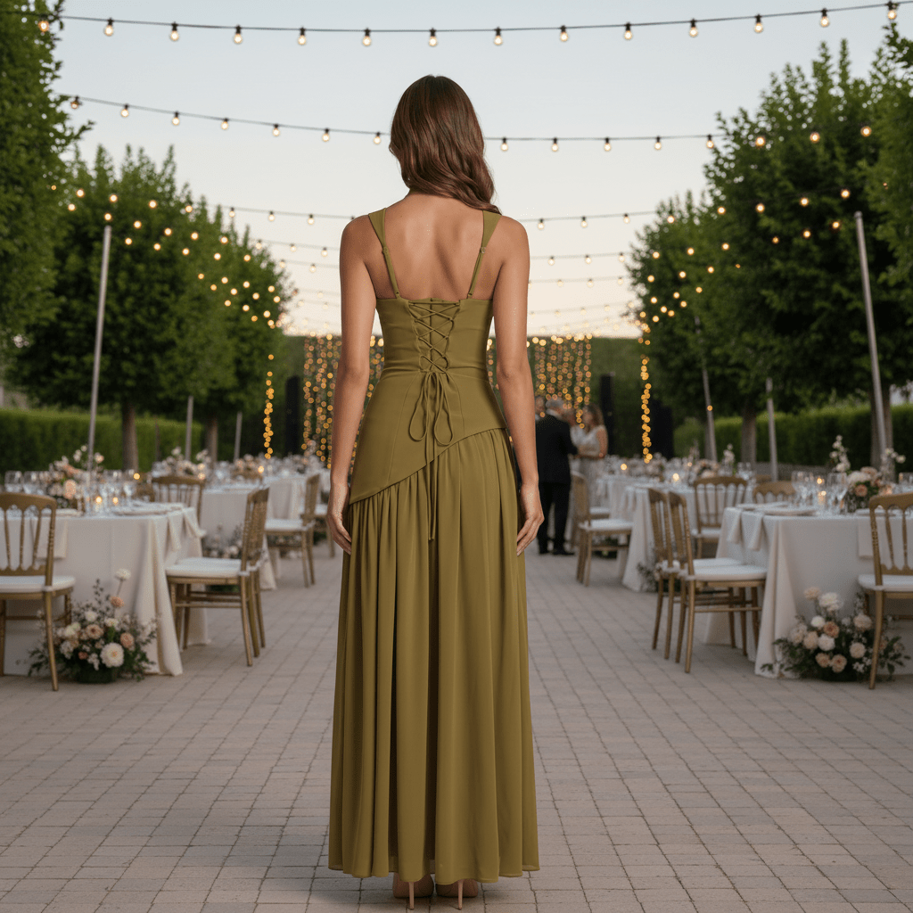 Olive Maxi Dress with Slit and Lace-Up Back