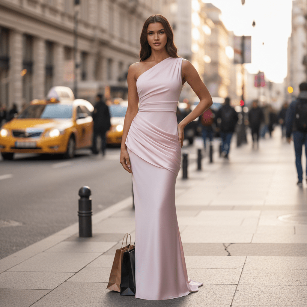Maxikleid mit Drapierung und asymmetrischem Träger