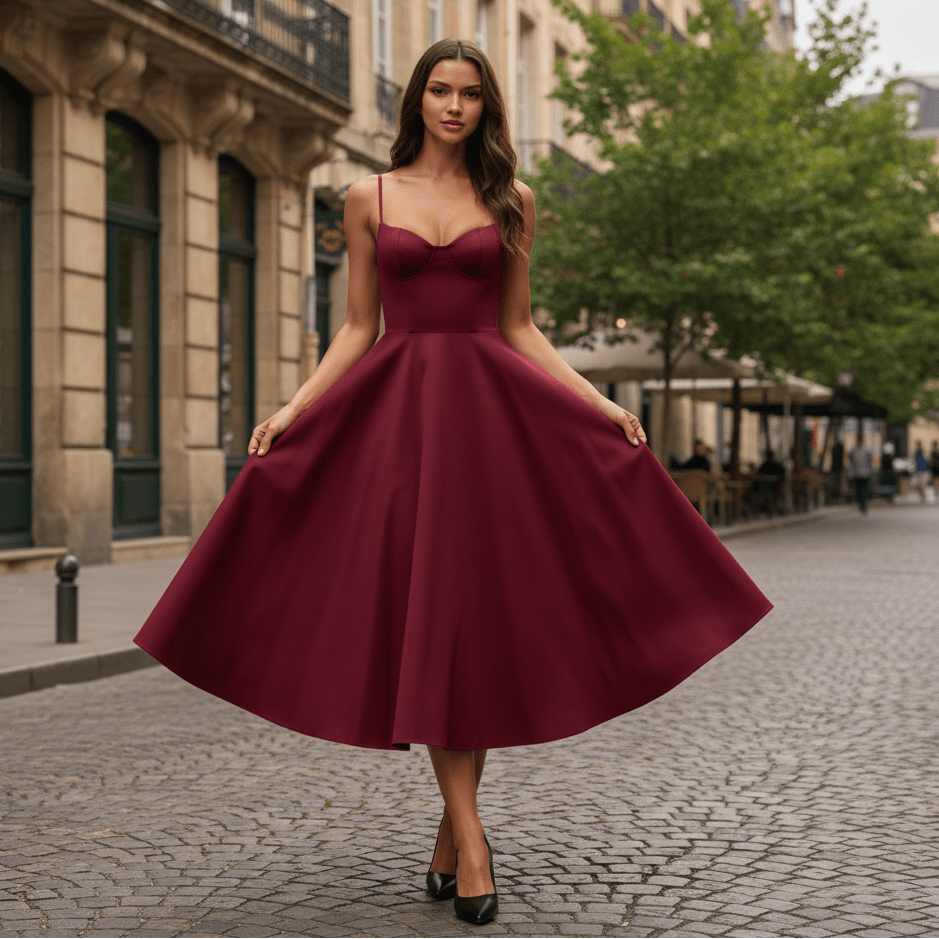 Vestido midi romántico en burdeos