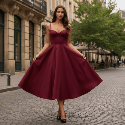 Vestido midi romántico en burdeos