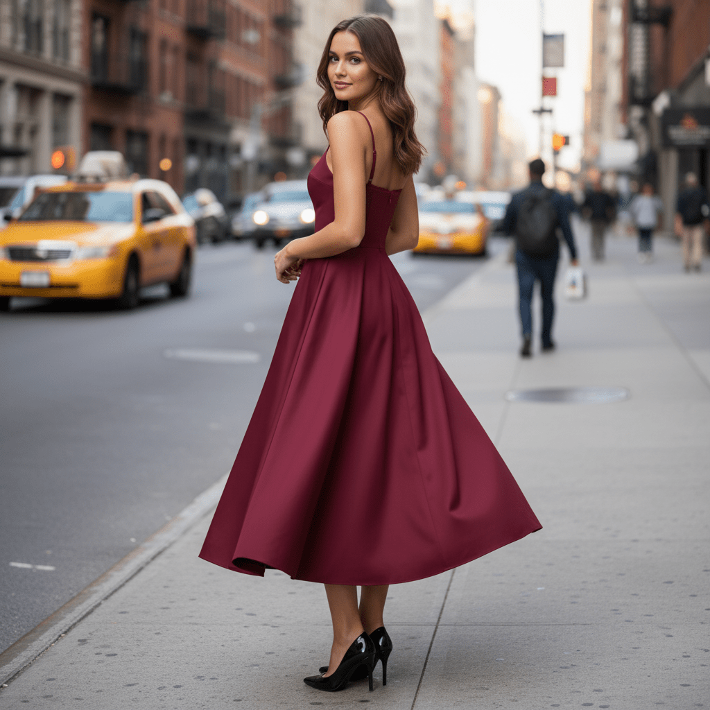 Vestido midi romántico en burdeos
