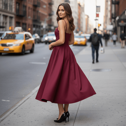 Vestido midi romántico en burdeos