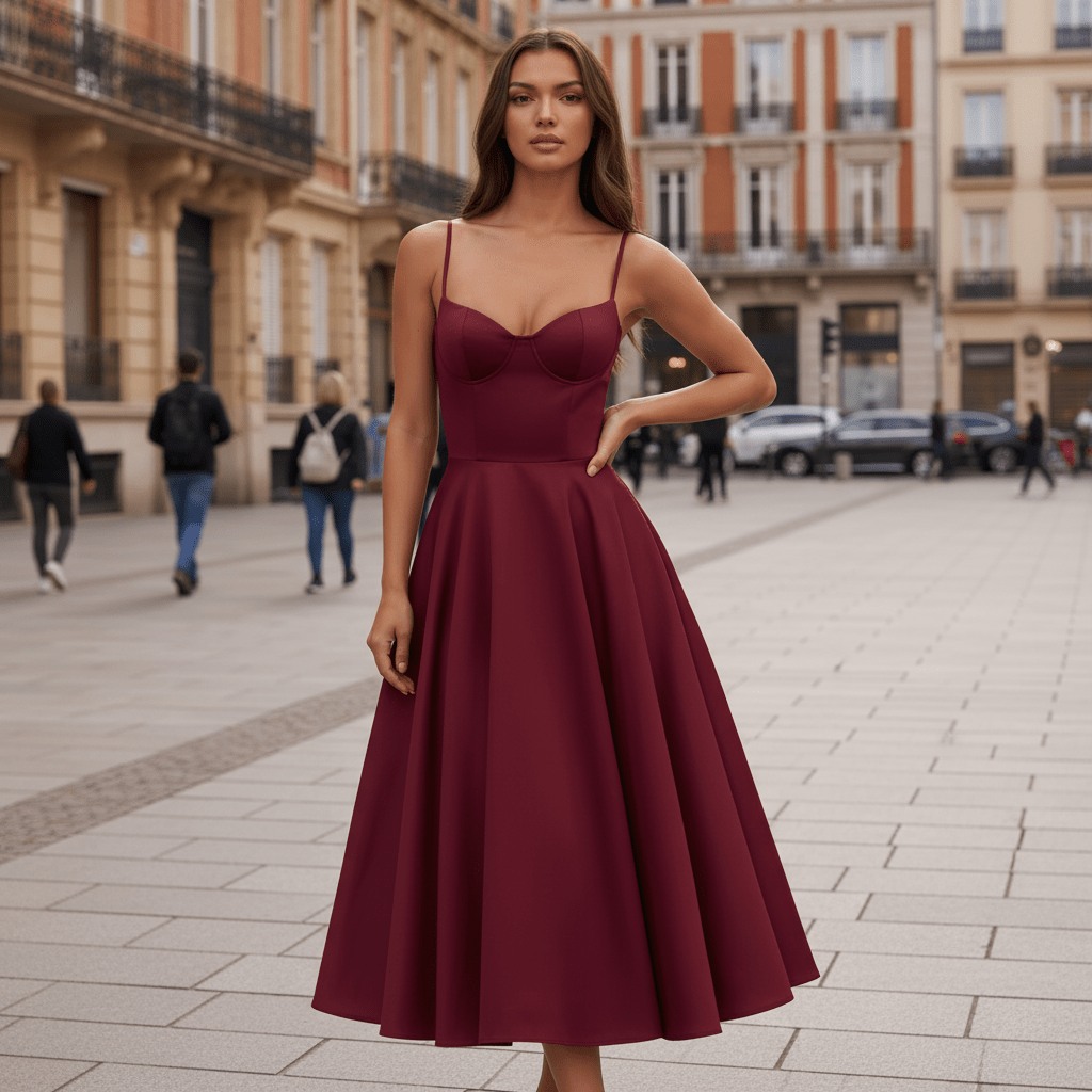 Vestido midi romántico en burdeos