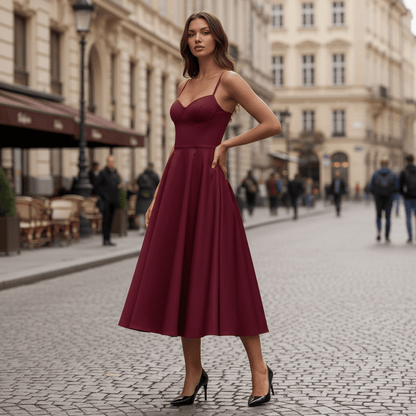 Vestido midi romántico en burdeos