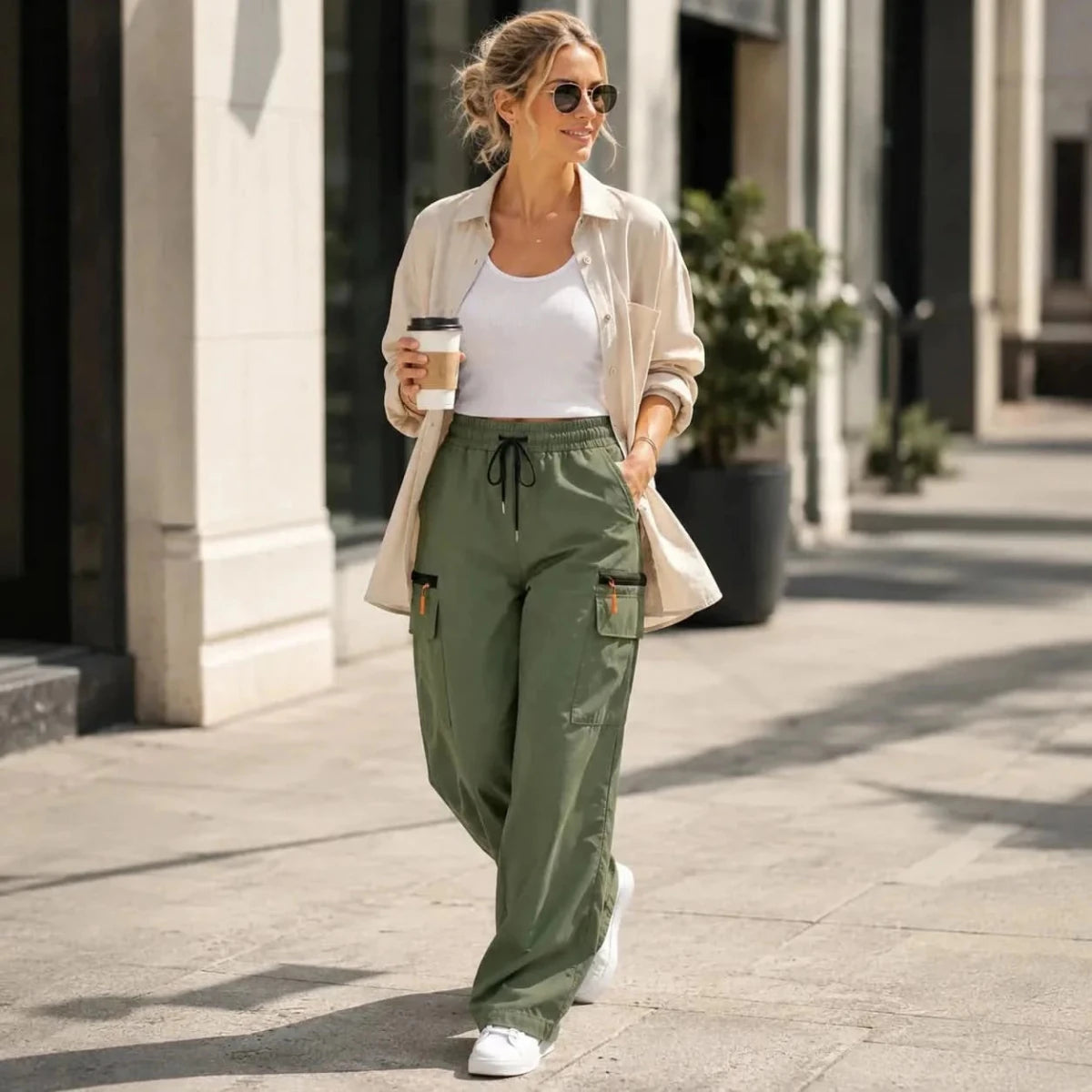 Relaxed Cargo Pants with High Drawstring Waist