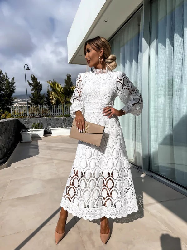 Damen Elegantes Langarm Midi Kleid | Stehkragen