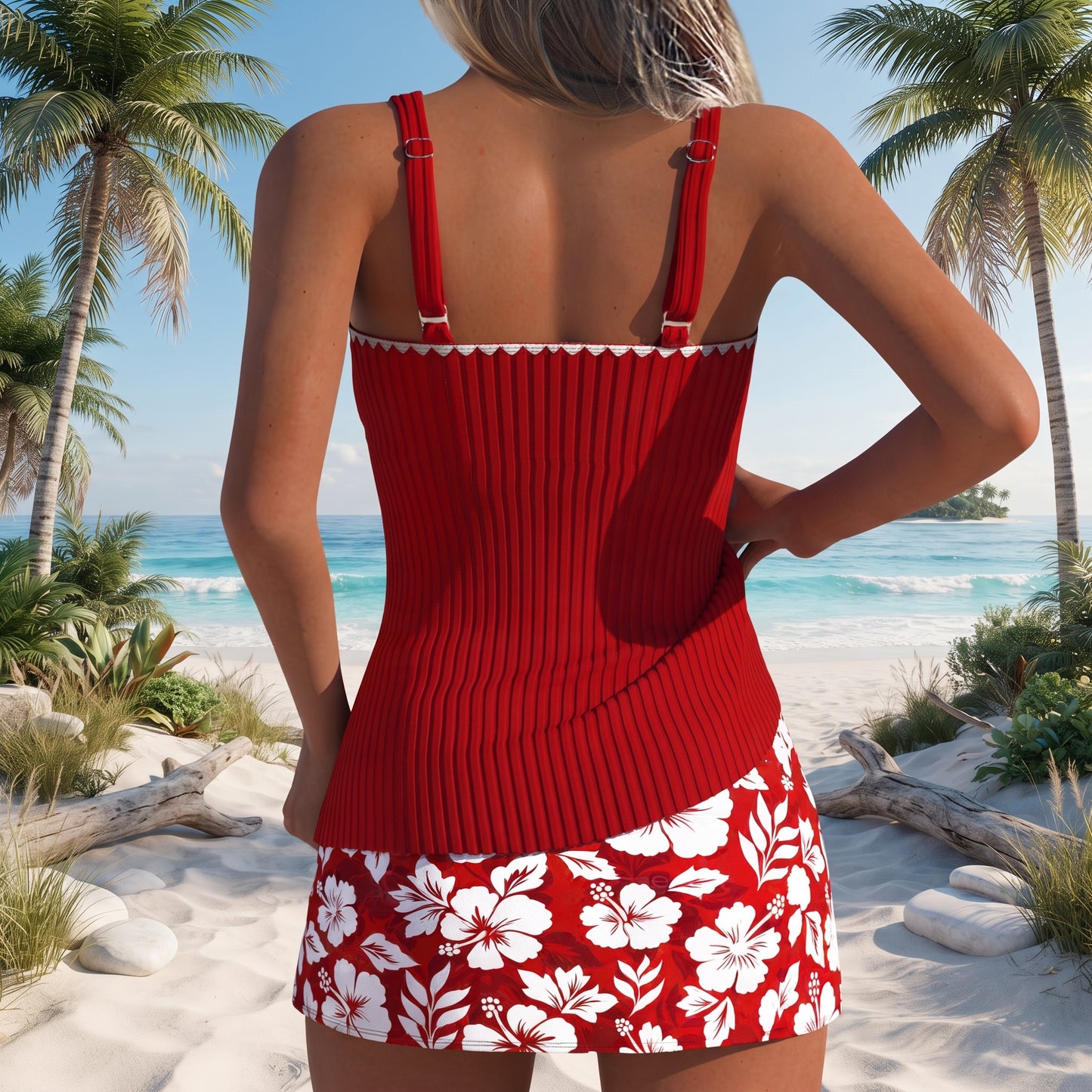 Ribbed Tankini Set with Printed Shorts