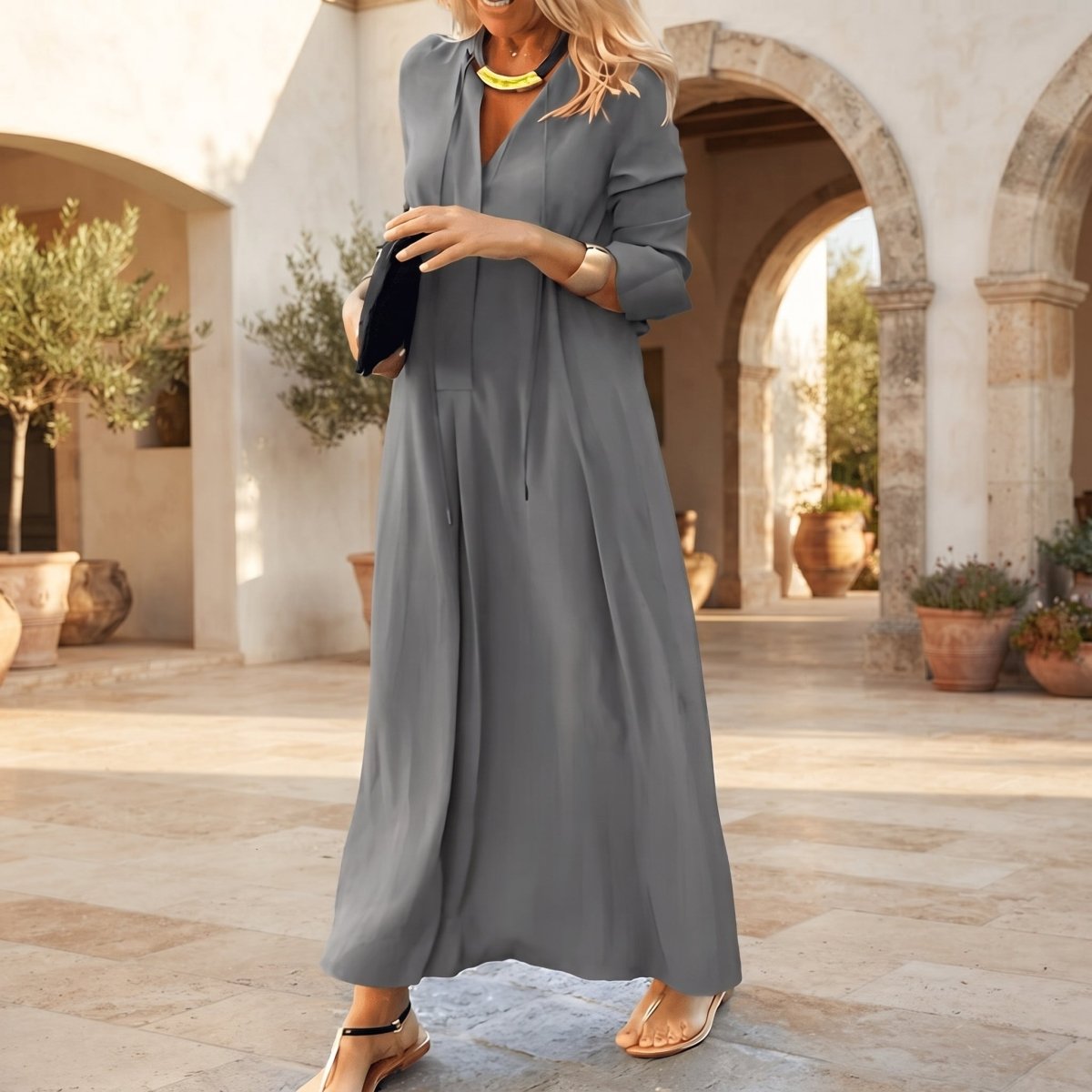 Relaxed V-Neck Maxi Shirt Dress