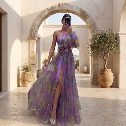 Asymmetrical Slit Evening Dress