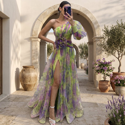 Asymmetrical Slit Evening Dress