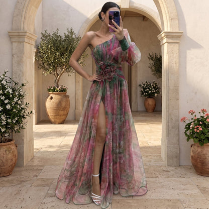 Asymmetrical Slit Evening Dress