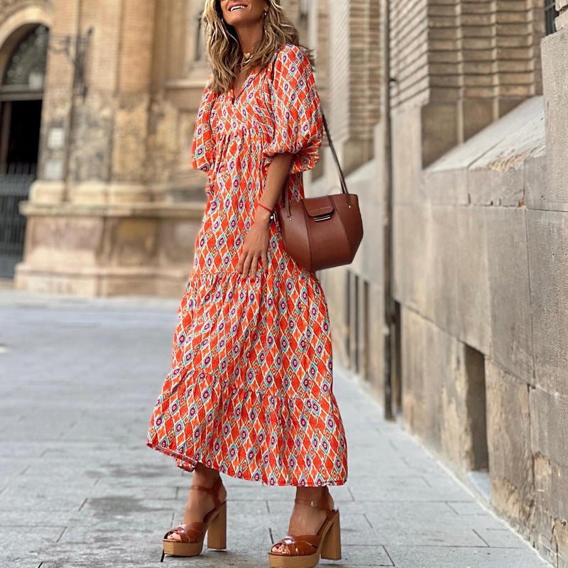 Tiered Midi Dress With Geometric Print