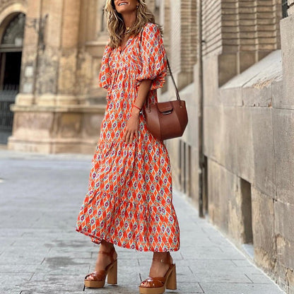 Tiered Midi Dress With Geometric Print