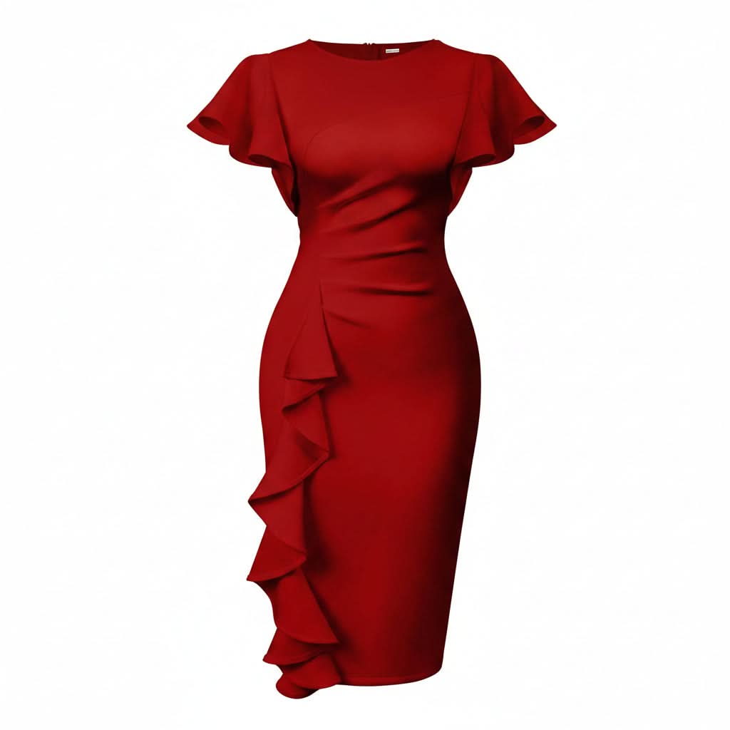 Elegant Ruffle Slim Midi Evening Dress