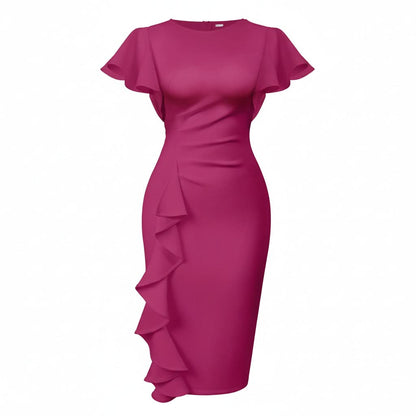 Elegant Ruffle Slim Midi Evening Dress