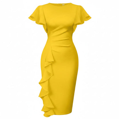 Elegant Ruffle Slim Midi Evening Dress