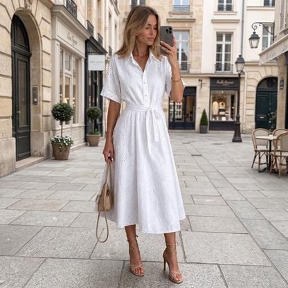 Button Front Waist Tie Midi Dress