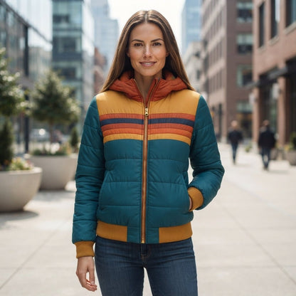Striped Zip Front Puffer Jacket