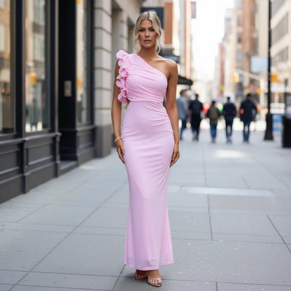 Wedding Guest Maxi Dress With Ruffle Shoulder