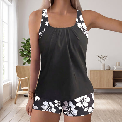 Conjunto de tankini sin espalda con estampado de flores tropicales