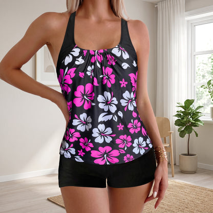 Conjunto de tankini sin espalda con estampado de flores tropicales