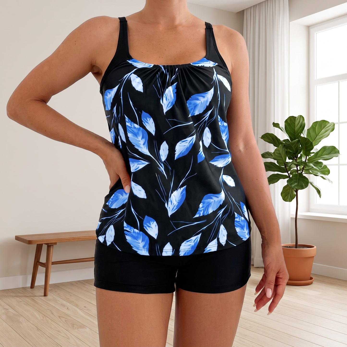 Conjunto de tankini sin espalda con estampado de flores tropicales