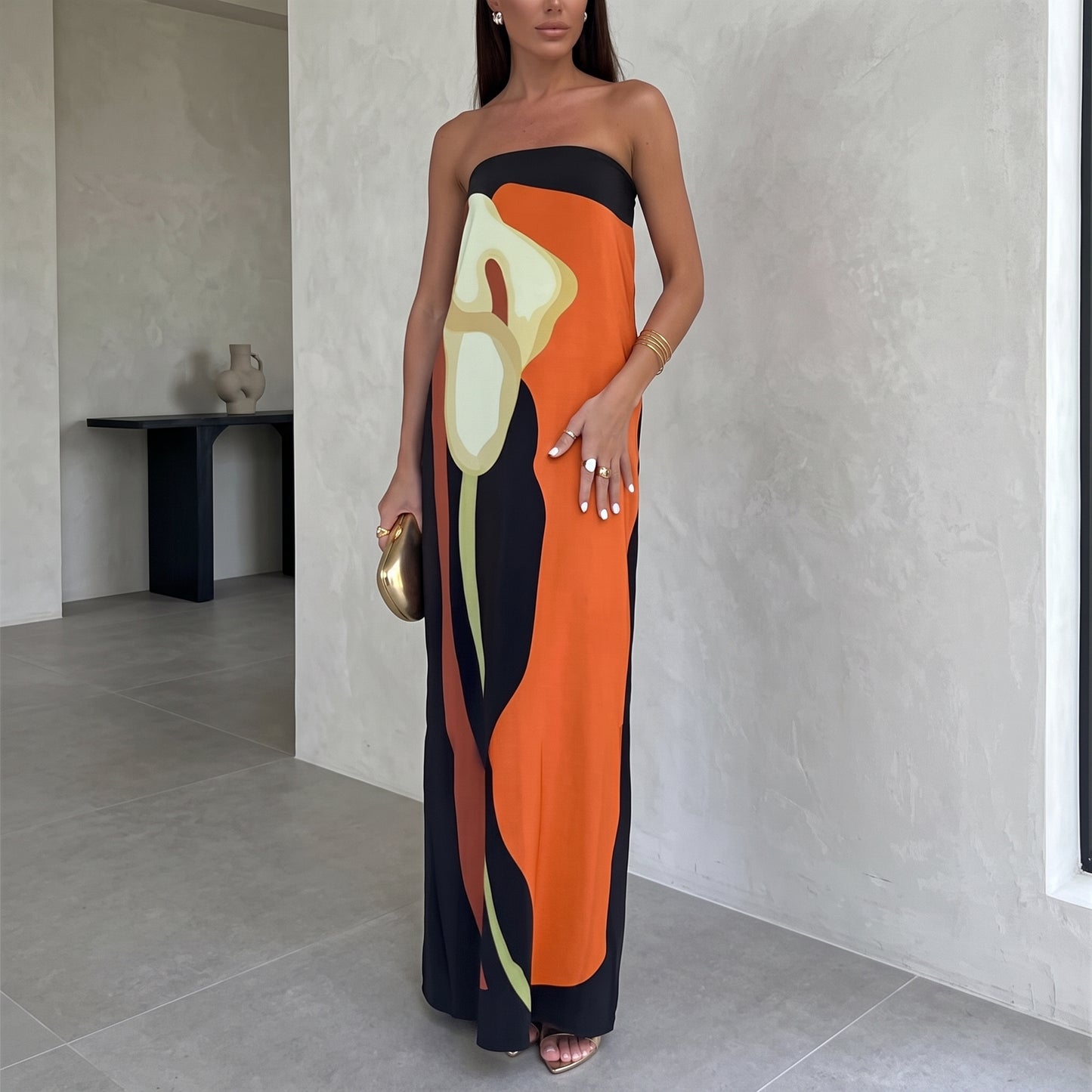Elegant Printed Strapless Maxi Dress