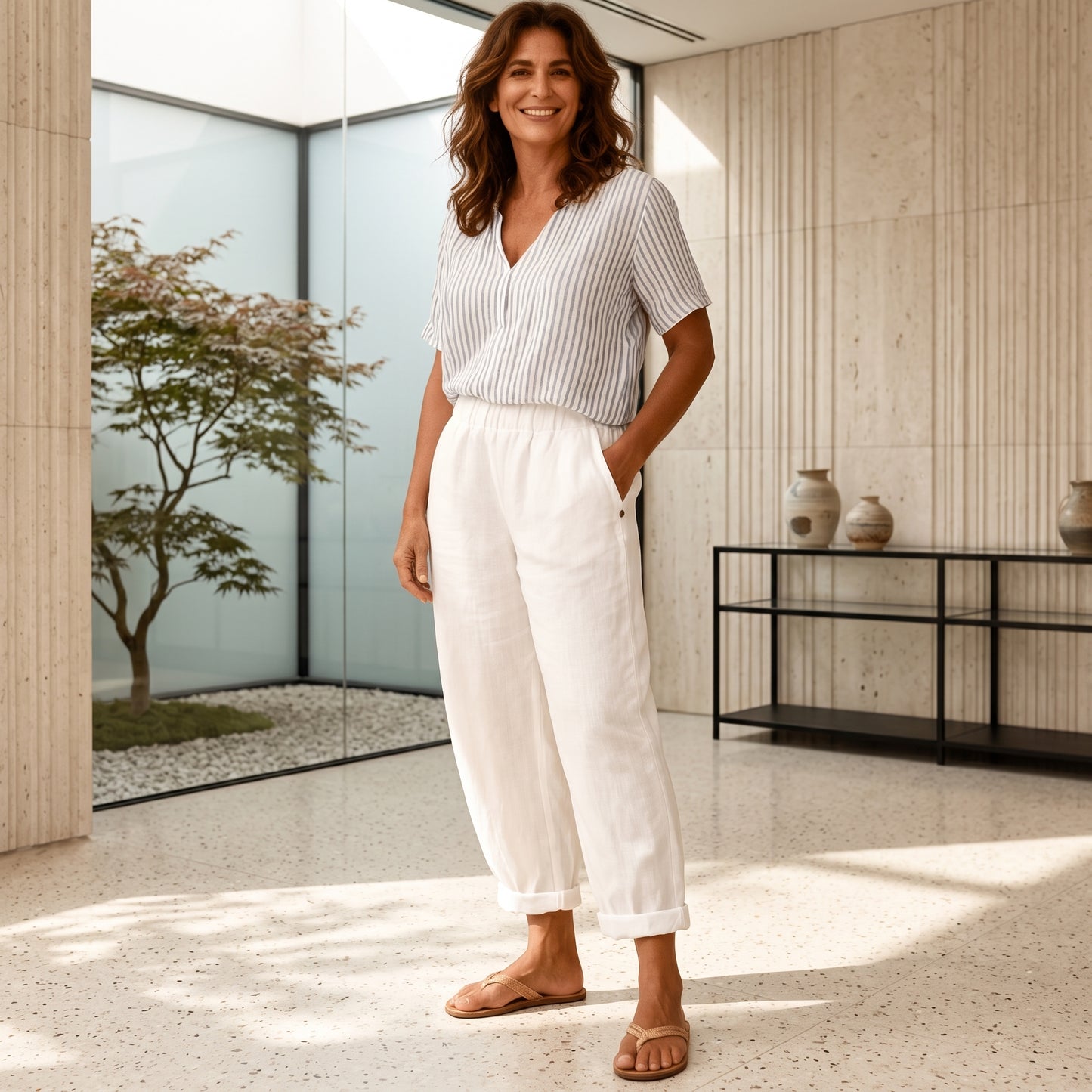 Hoch taillierte Hose mit weitem Bein