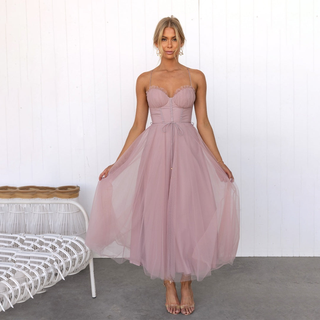 Spaghetti Strap Tulle Midi Dress
