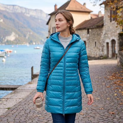 Quilted Hooded Longline Zip Puffer Coat
