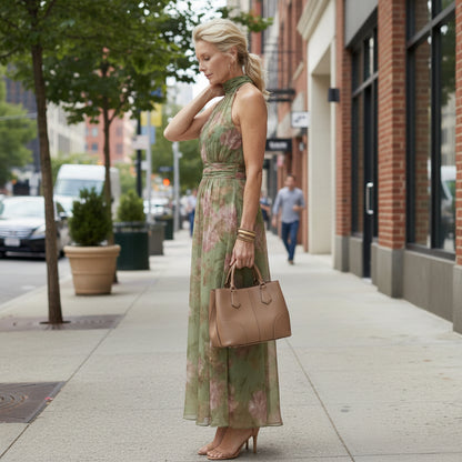 Gathered Floral Halter Midi Dress