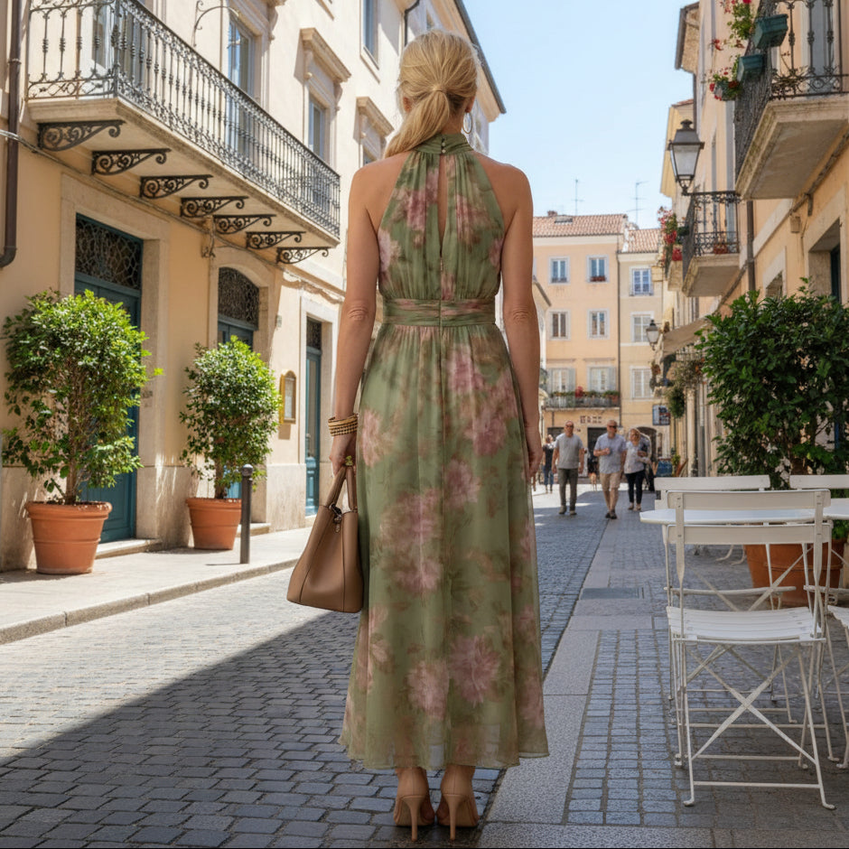 Gathered Floral Halter Midi Dress