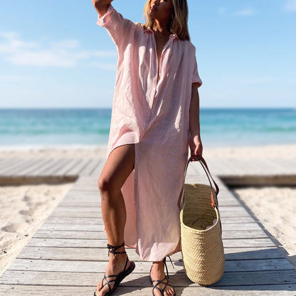 Relaxed Button-Front Beach Cover-Up