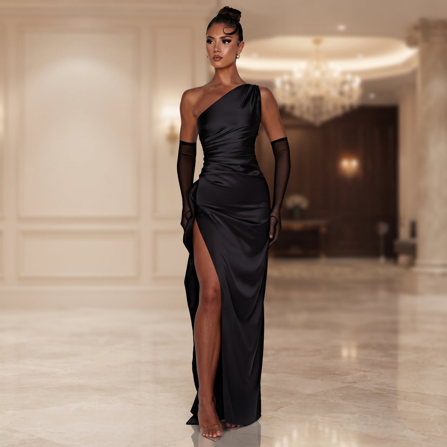 One-Shoulder Evening Slit Dress