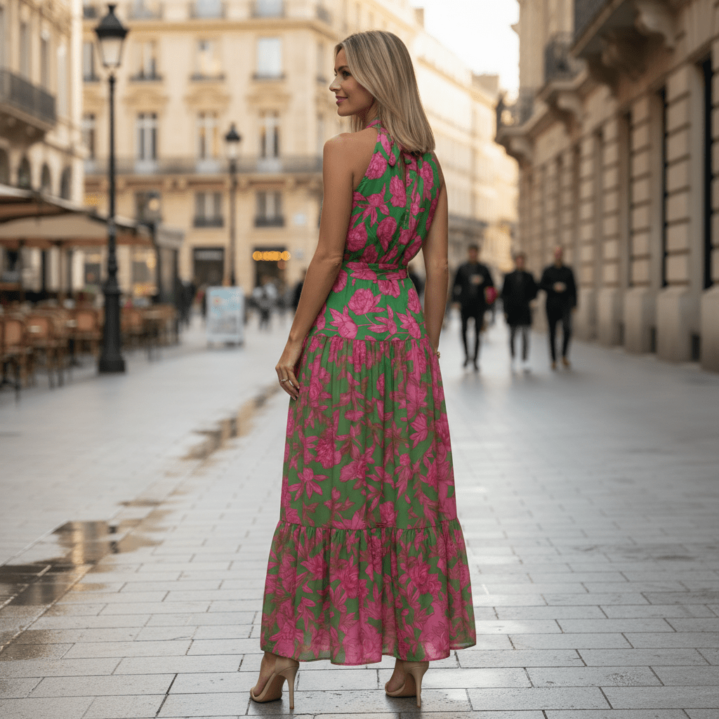 Vestido midi halter drapeado