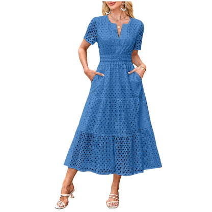 V Neck Ruffle Hem A Line Maxi Dress
