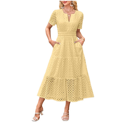 V Neck Ruffle Hem A Line Maxi Dress