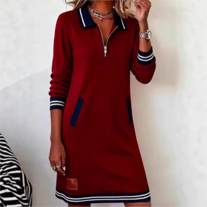 Vestido corto tipo sudadera de media cremallera para mujer, estilo indie, con ribete en contraste