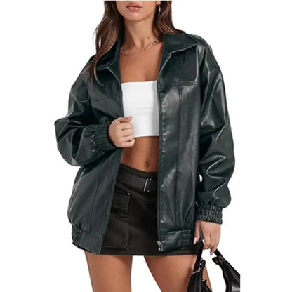 Faux Leather Oversized Zip Up Casual Jacket
