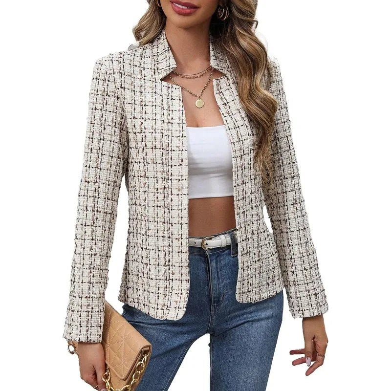 Checkered Tweed Blazer Open Front