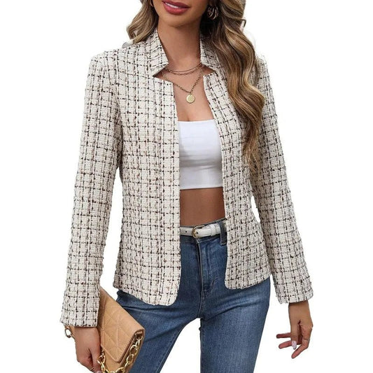 Checkered Tweed Blazer Open Front