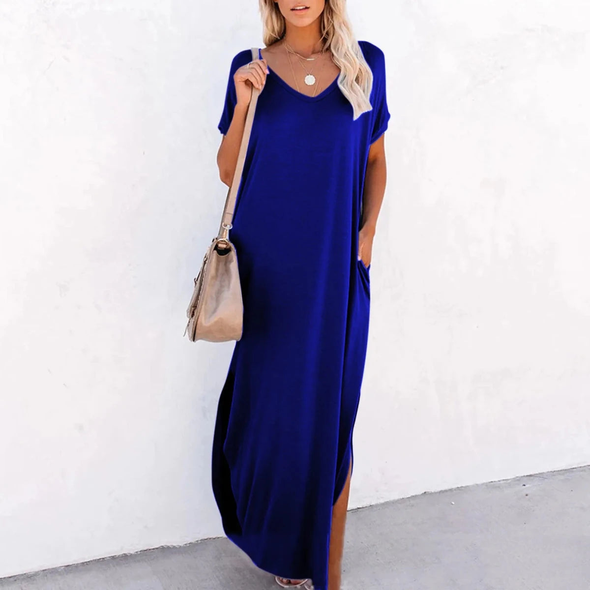 V Neck Loose Side Slit Maxi Dress