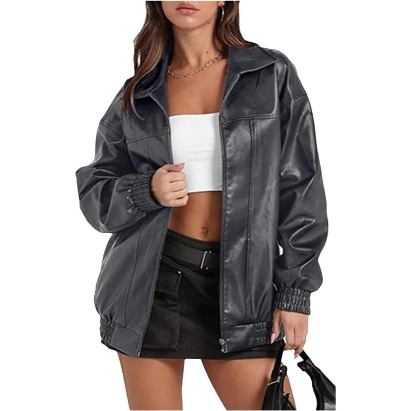 Faux Leather Oversized Zip Up Casual Jacket