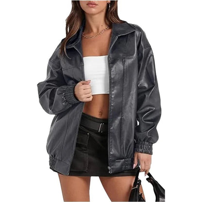 Faux Leather Oversized Zip Up Casual Jacket