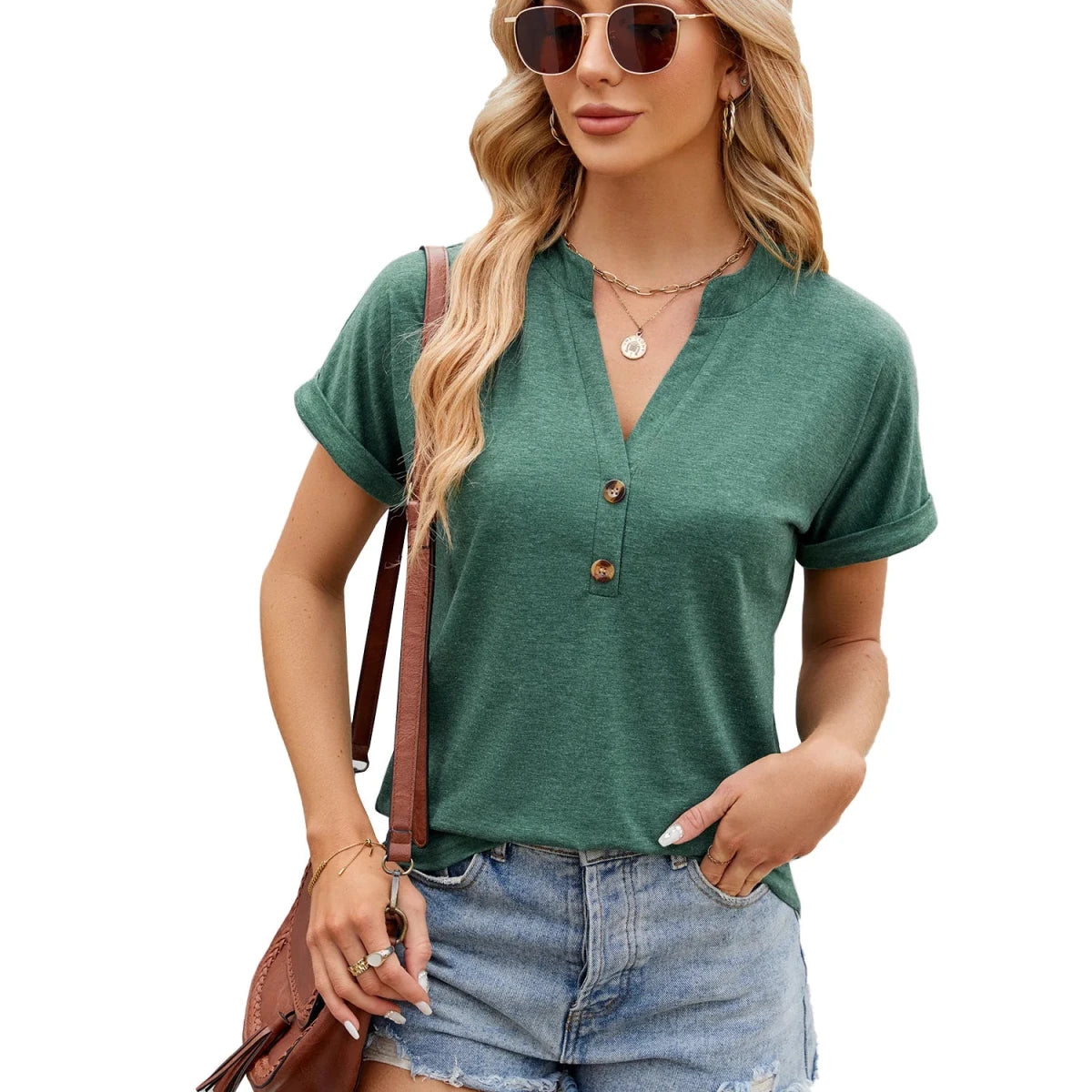 Relaxed Button Top V Neck