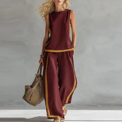 Sleeveless O Neck Top And High Waist Pants Set